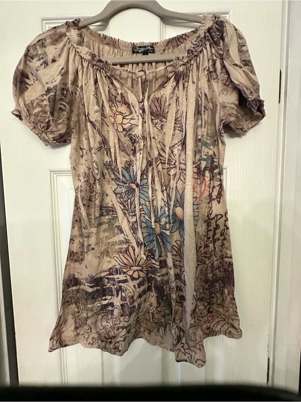 Jessica Max Boho Floral Peasant Top - Beige with Blue Accents